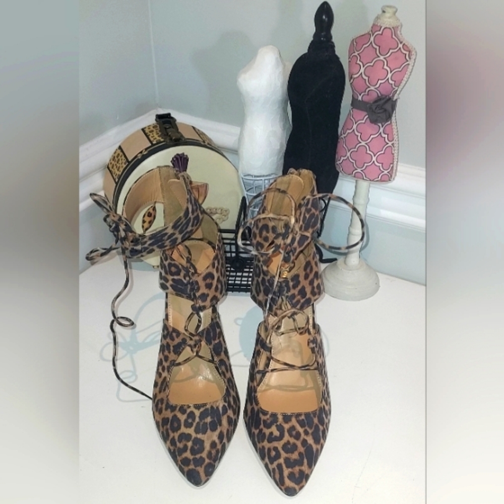 Express Faux Suede Animal Print Pointed Toe Strappy Heels New with Flaws